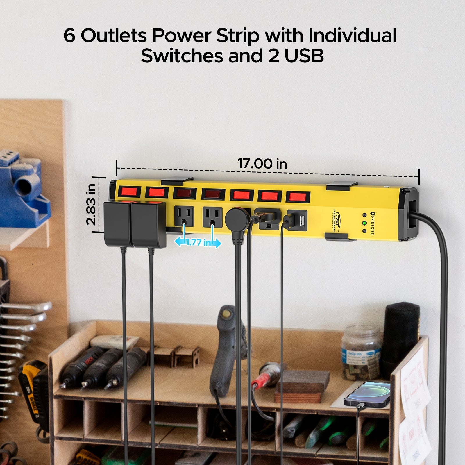 CRST 6-Outlet + 2 USB Metal Power Strip | Individual Switches on Every Port, Press-Reset Overload Protector, 1200J Surge Protector, Versatile Mounting, 45° Flat Plug, SGS Certified