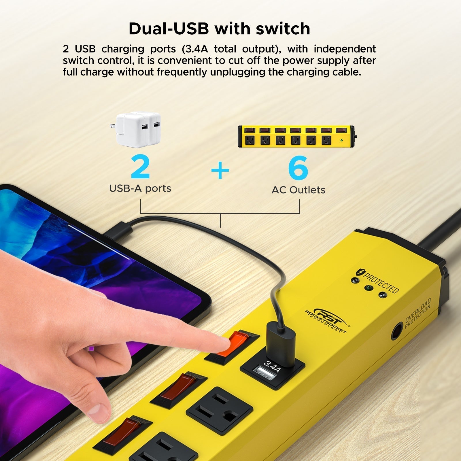CRST 6-Outlet + 2 USB Metal Power Strip | Individual Switches on Every Port, Press-Reset Overload Protector, 1200J Surge Protector, Versatile Mounting, 45° Flat Plug, SGS Certified